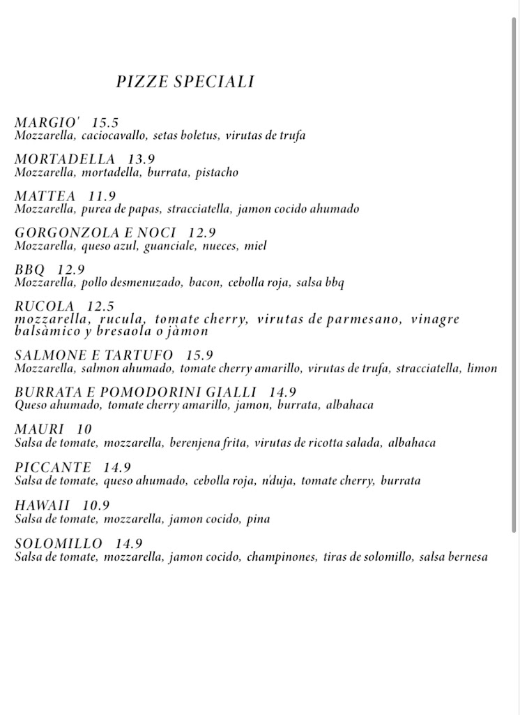 MARGIO' brunch pizzeria — Carta