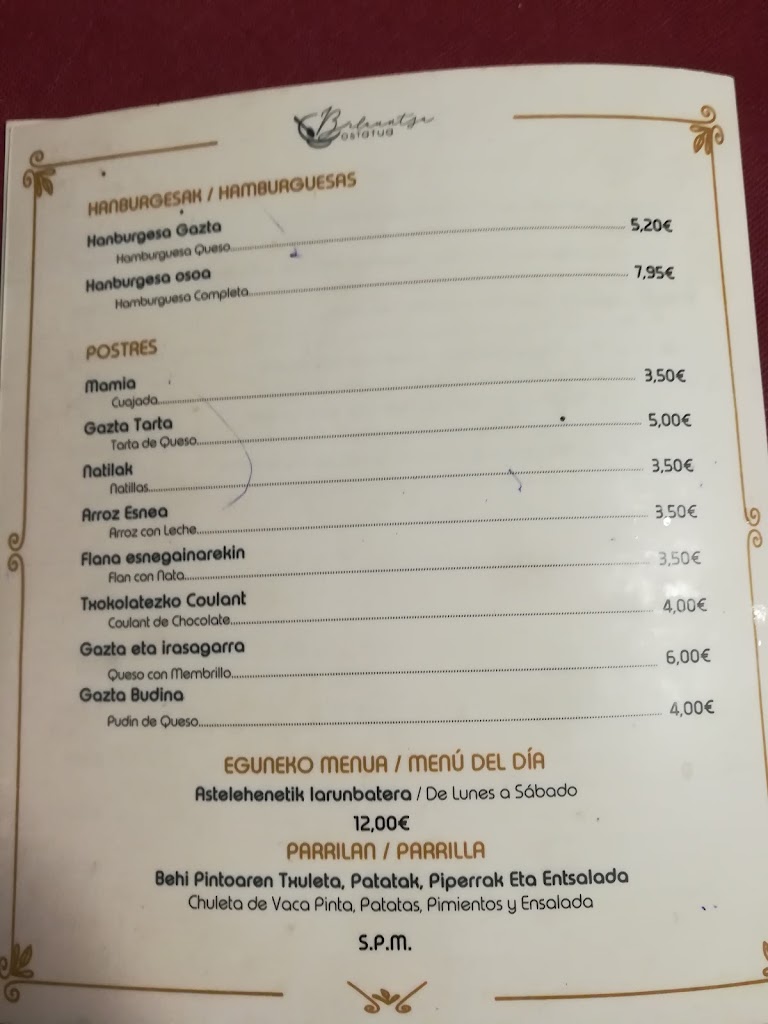 Belauntzako Ostatua — Carta