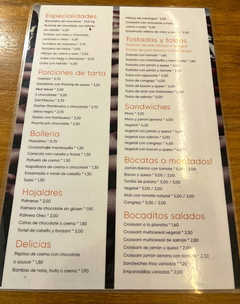 Cafeteria Pasteleria Alaska — Carta