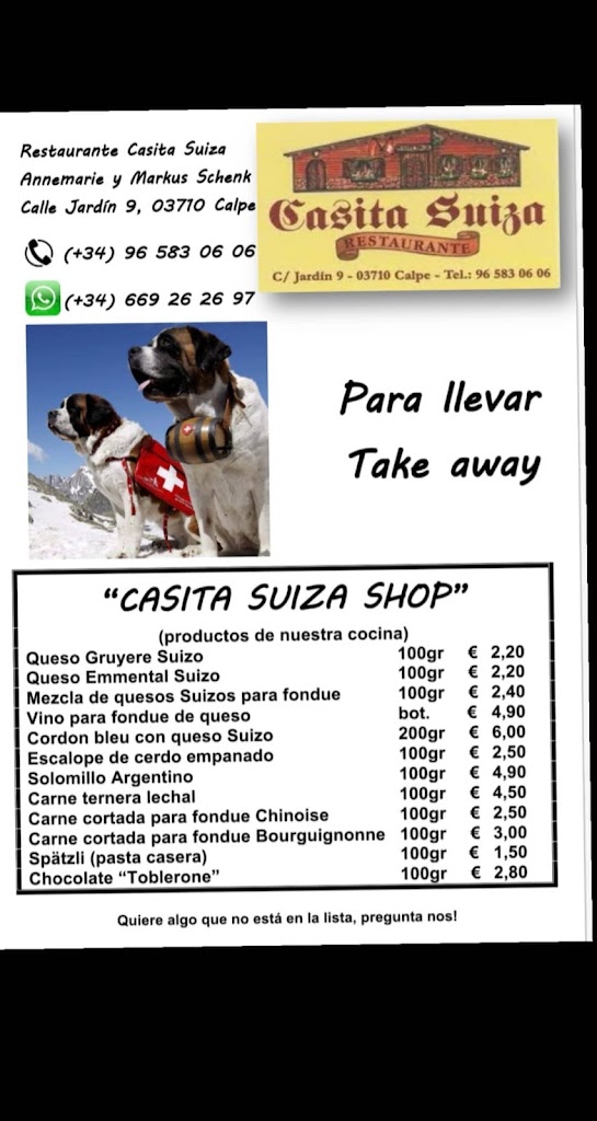 Restaurante Casita Suiza — Carta