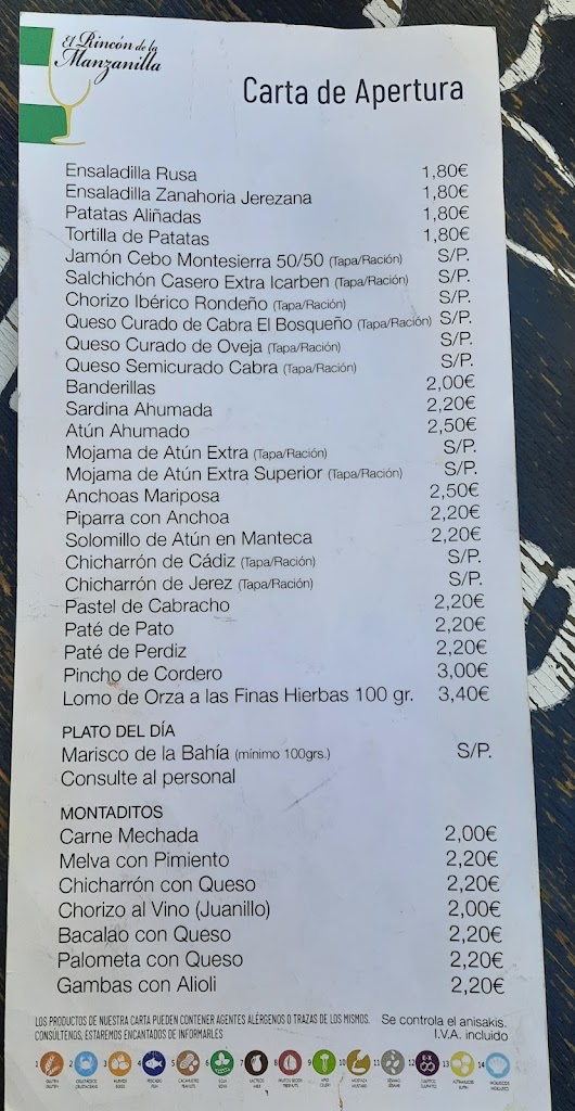 El Rincon de la Manzanilla — Carta