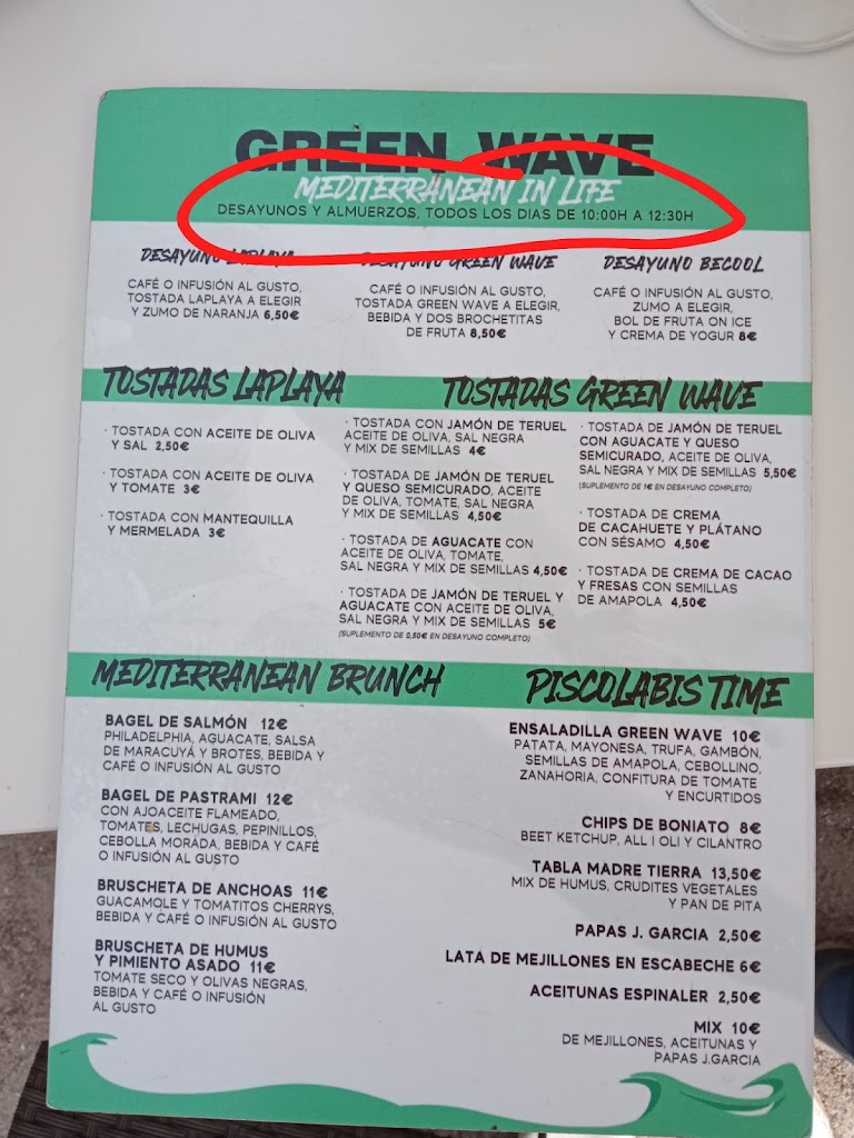 Chiringuito Green Wave Benicassim — Carta