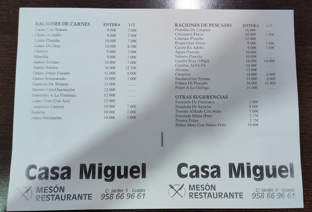 Bar Restaurante "Casa Miguel" — Carta