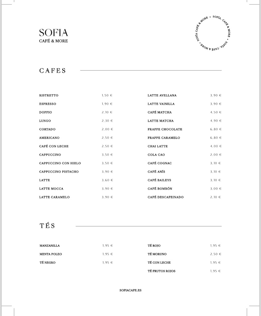 Sofia Cafe & More — Carta