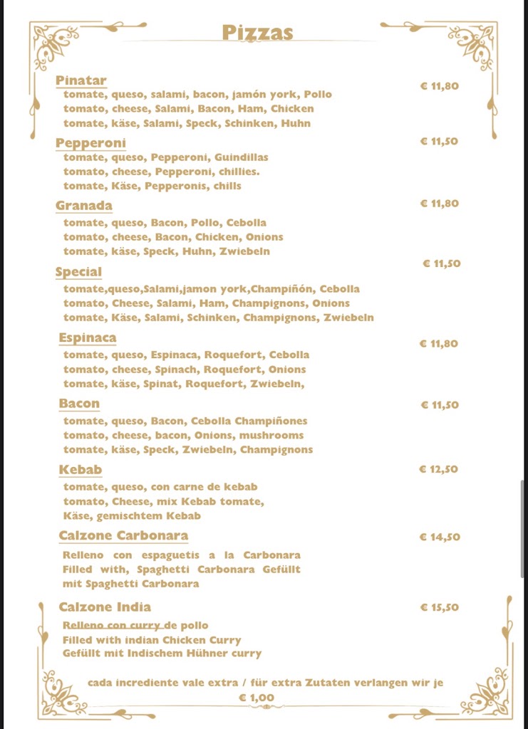 Restaurante pizzeria Pinatar — Carta