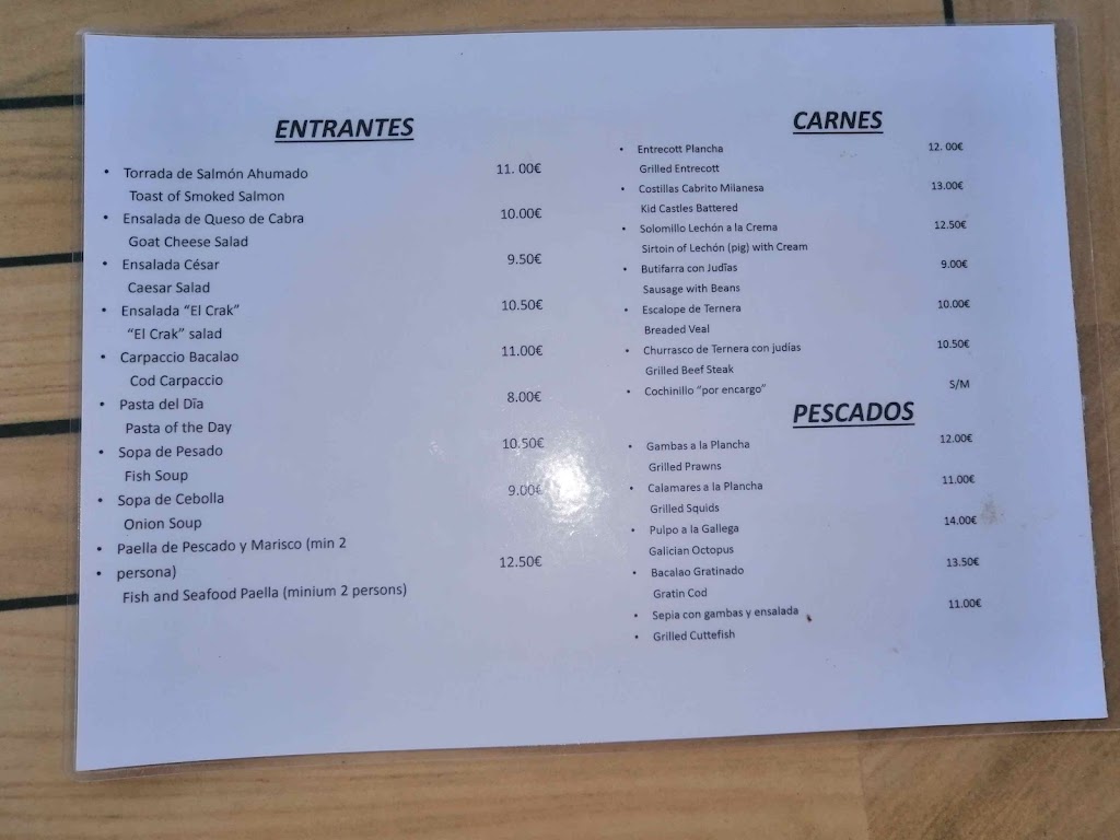 Bar Restaurante El Crak — Carta