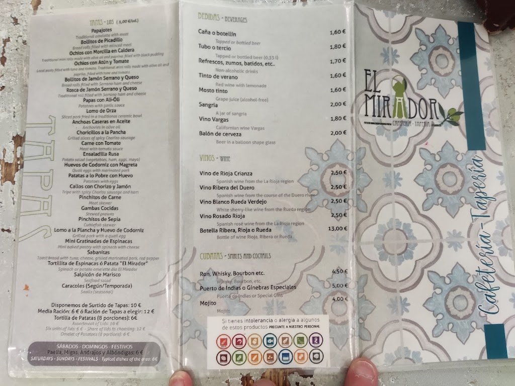 Cafeteria Taperia el Mirador — Carta