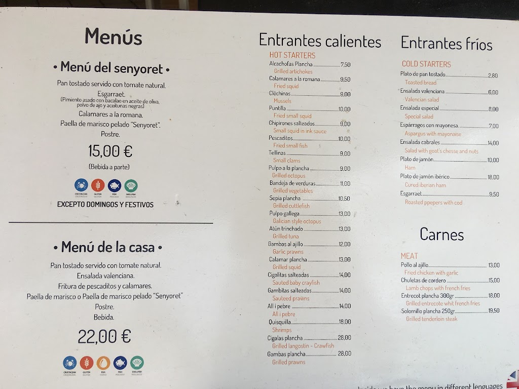 Bar Ca Sanchis Pucol — Carta