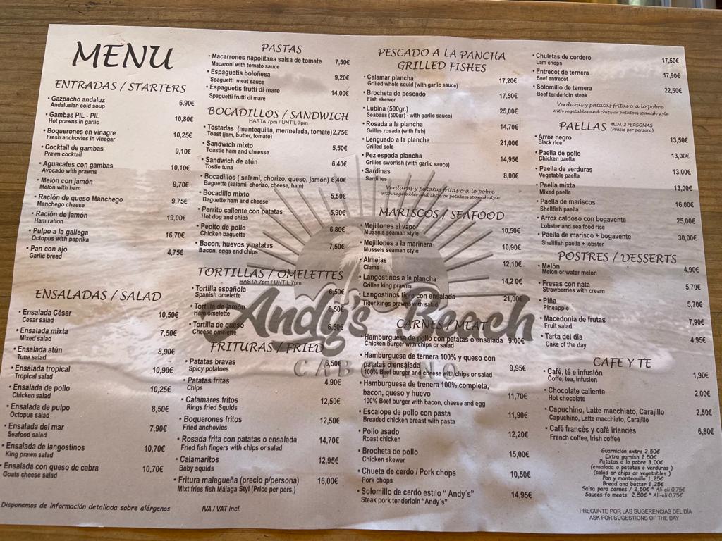Andy's Beach Club & Cocktail Bar — Carta