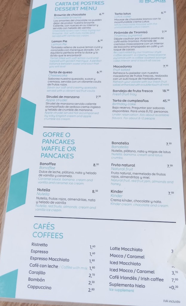 Boria Restaurante — Carta