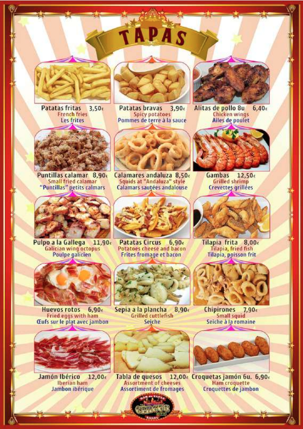 Restaurante The Circus — Carta