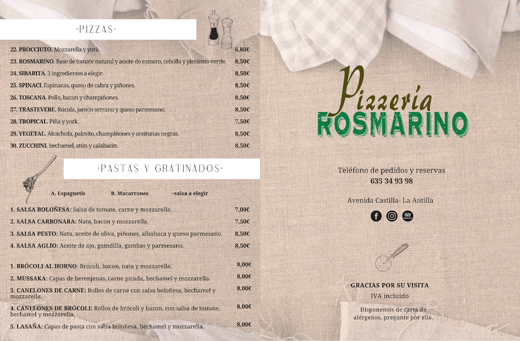 Pizzeria Rosmarino — Carta