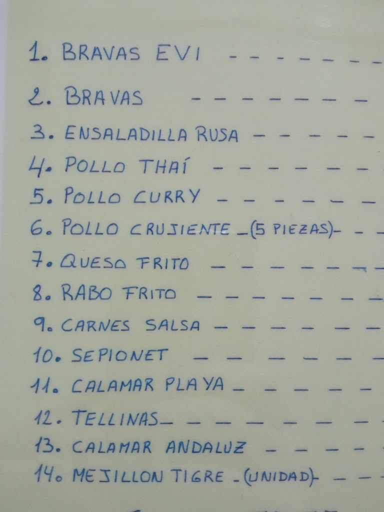 Bar Evi — Carta