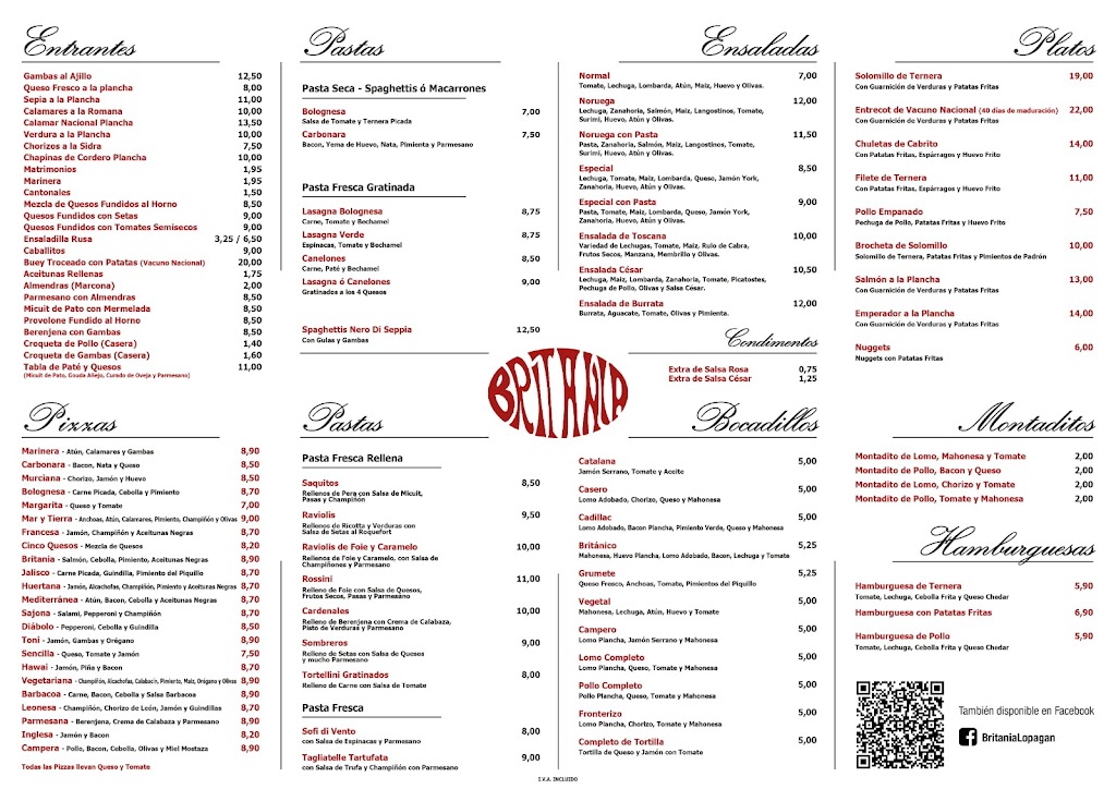 PIZZERIA BRITANIA — Carta