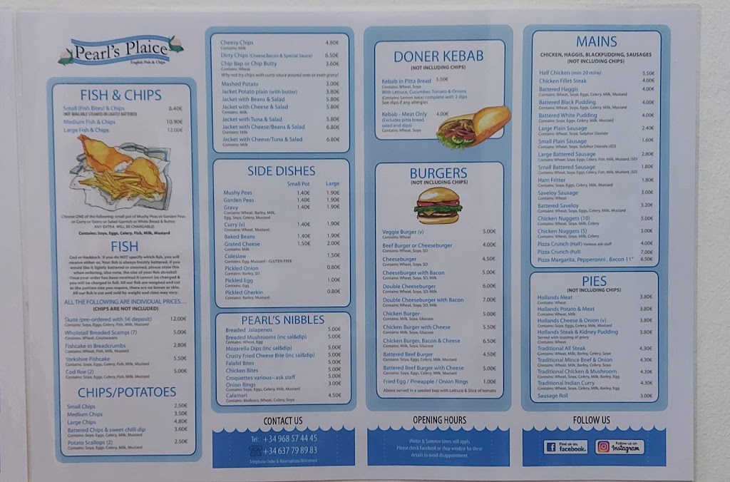 Restaurante Pearl's Chippy — Carta