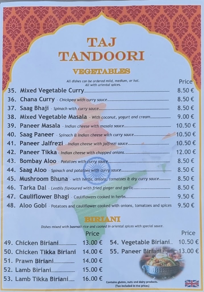 Taj Tandoori Indian Restaurant and Takeaway — Carta