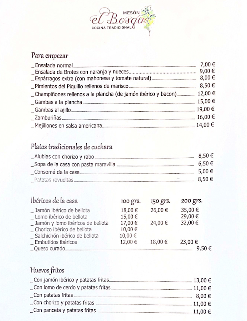 Meson El Bosque — Carta