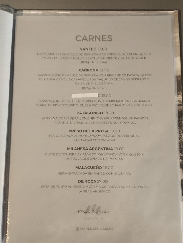 Mares Benicassim — Carta