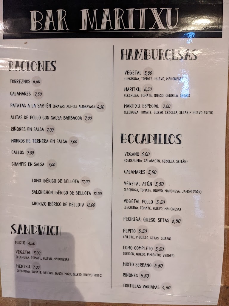 Bar Maritxu — Carta