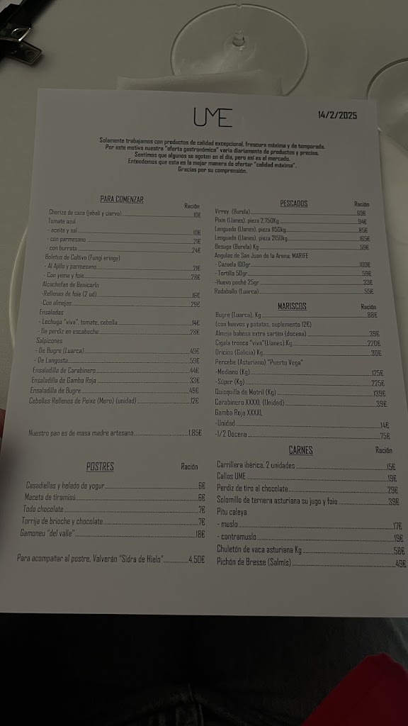 UME Restaurante Asturias — Carta