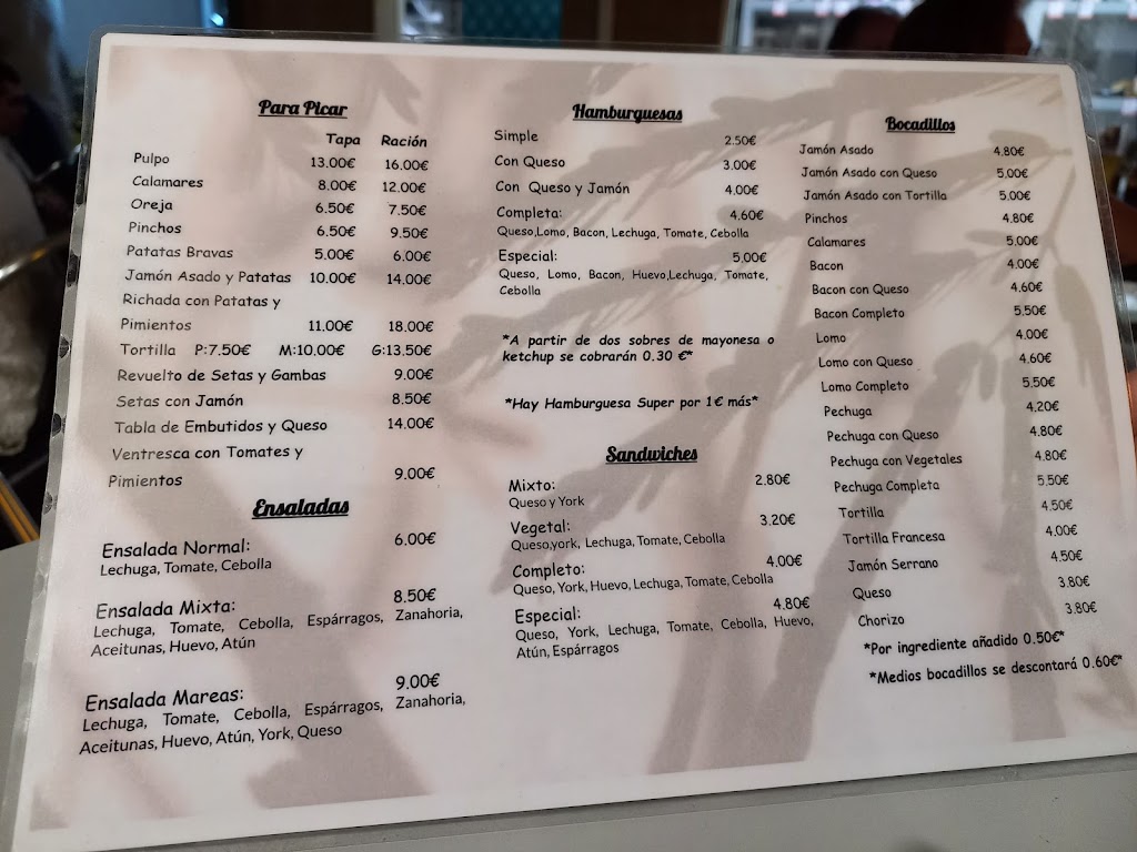 Bar Mareas Vivas — Carta