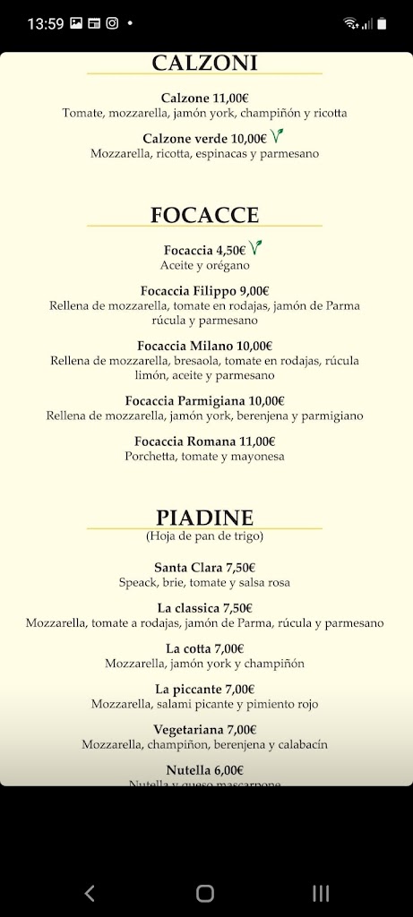Parada Italia, Pizza y Pasta — Carta