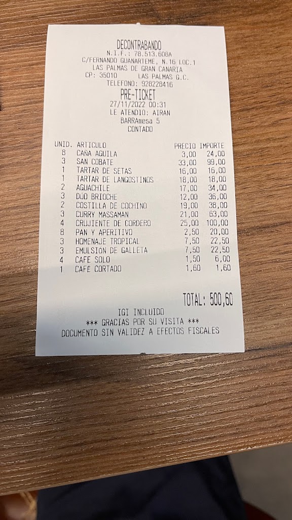 De Contrabando Restaurante — Carta