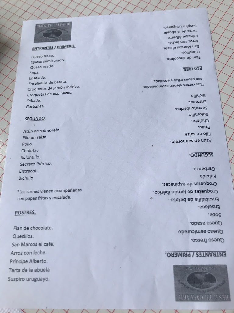 Restaurante el Calvario — Carta