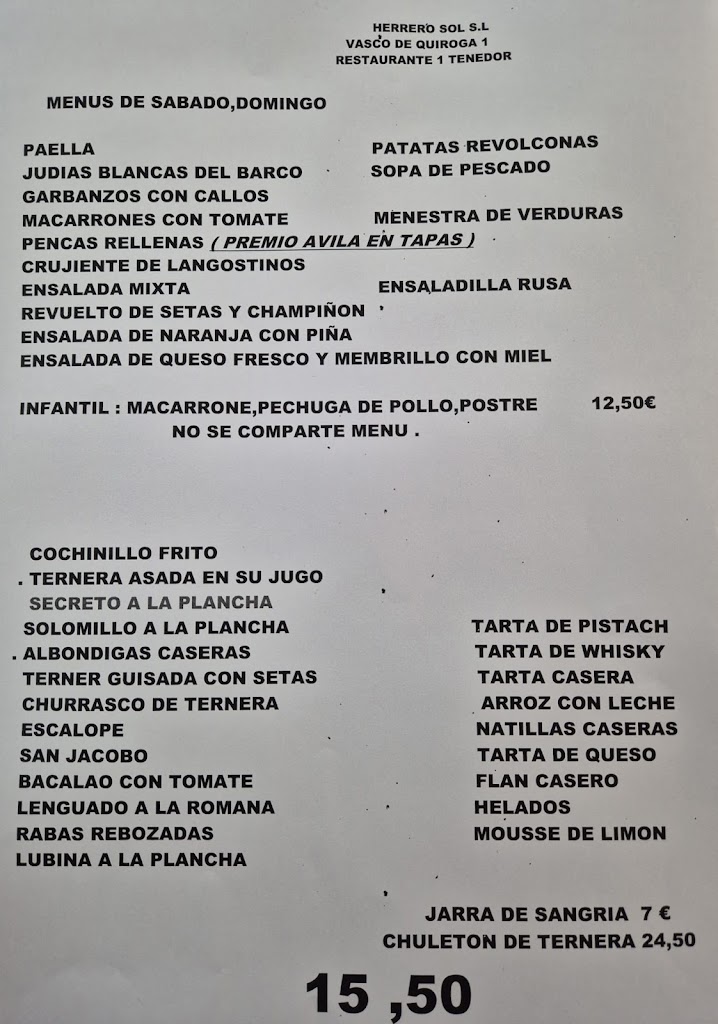Restaurante Bar Sol — Carta