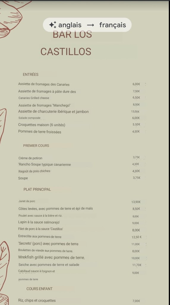 Bar Los Castillos — Carta