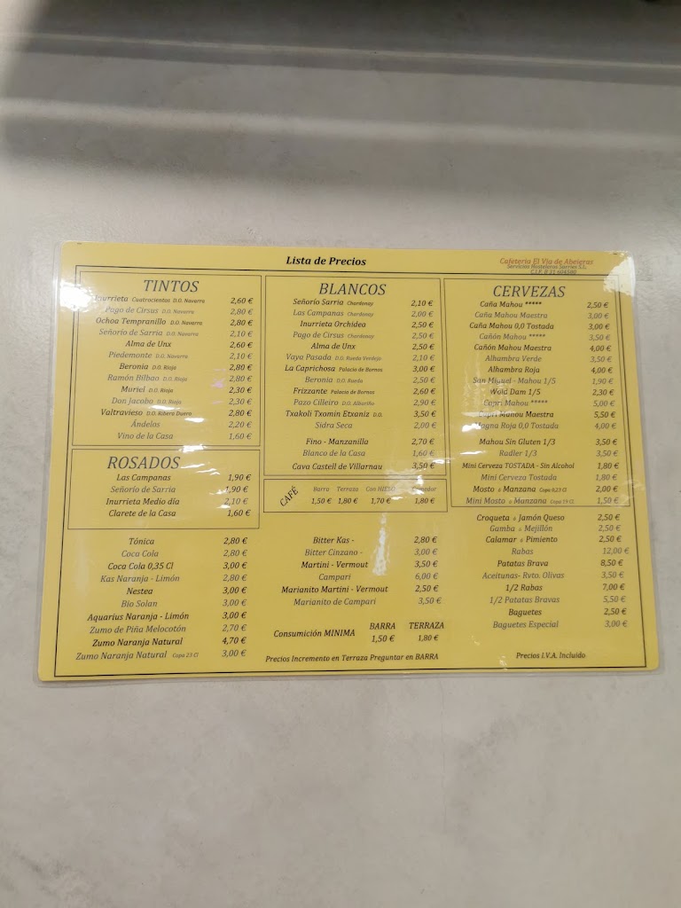 Cafeteria El Via de ABEJERAS — Carta