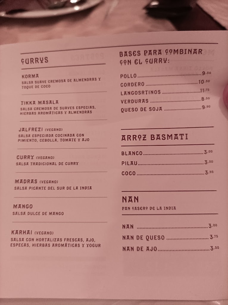 Maharani Restaurante Hindu Cartagena — Carta