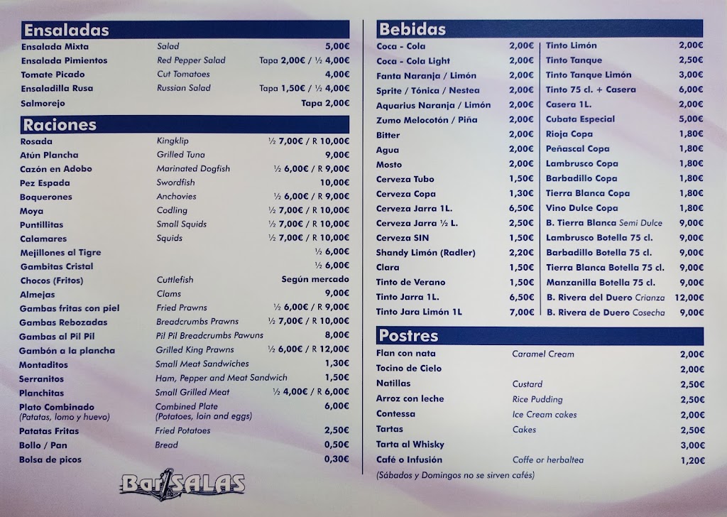 Bar Salas — Carta
