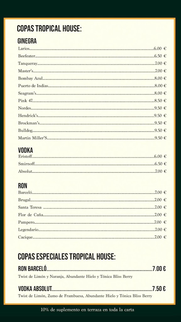 Tropical House Gastro Bar — Carta