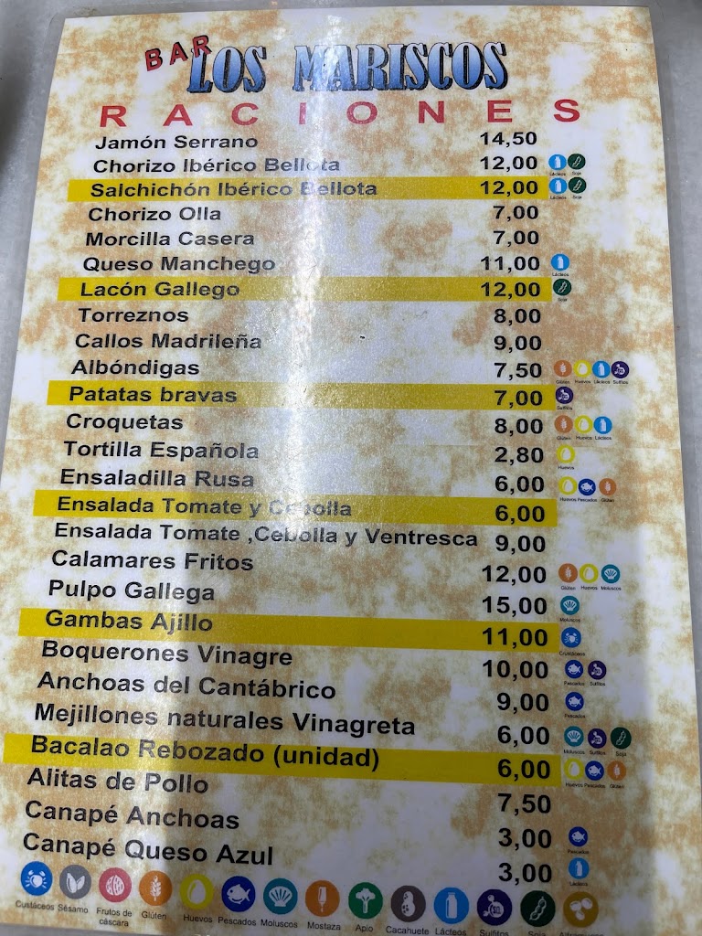 Bar Los Mariscos — Carta
