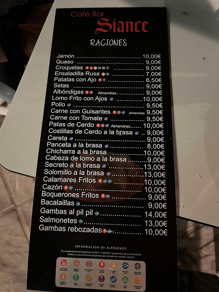 Cafe Bar Siance — Carta