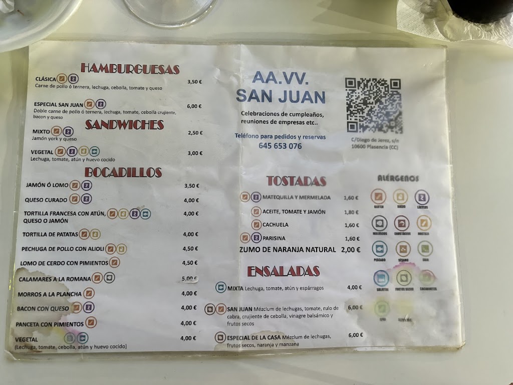Cafeteria Asociacion de Vecinos Barrio de San Juan — Carta