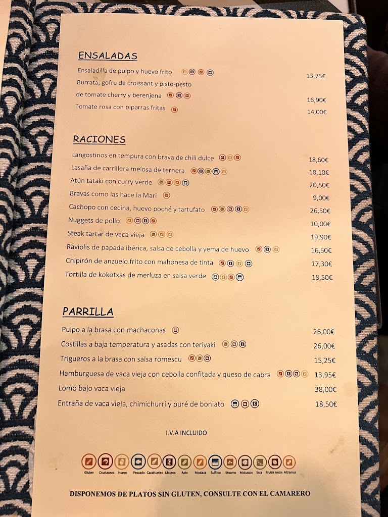 Restaurante Pintxaki Boadilla — Carta