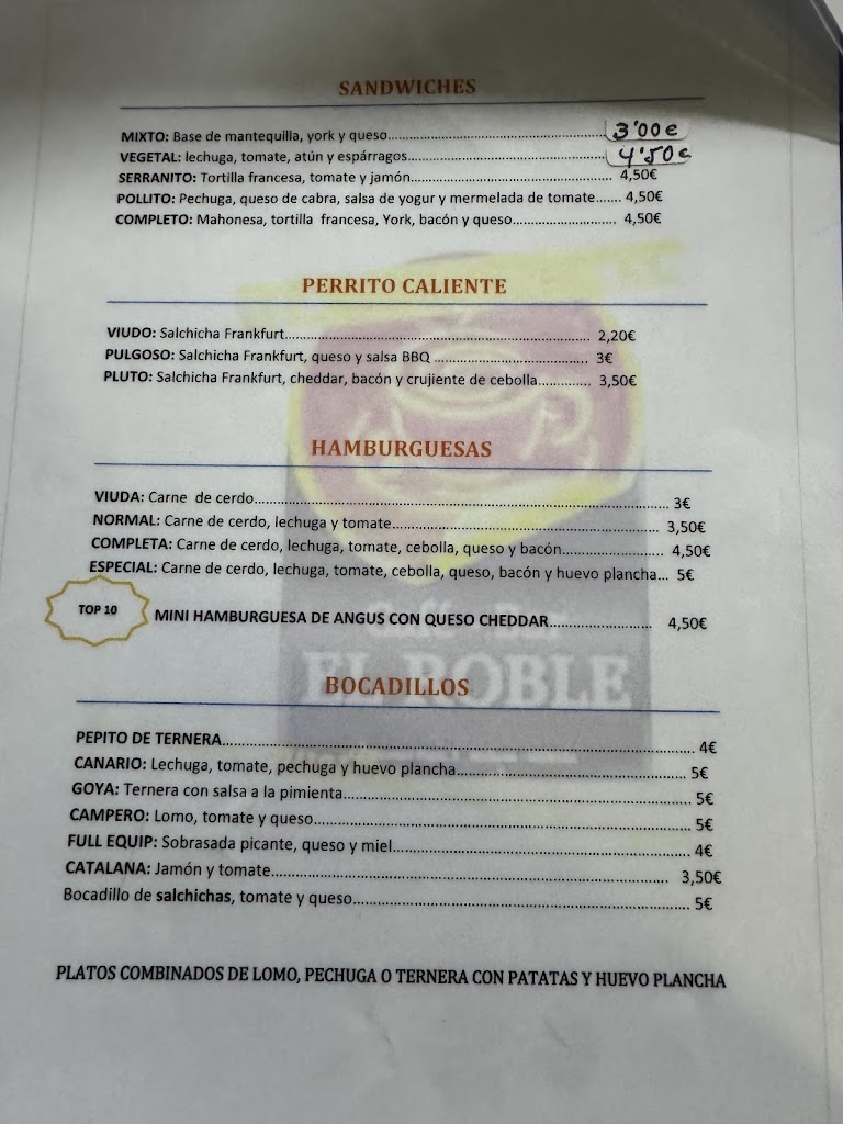 Cafe El Roble Bar — Carta