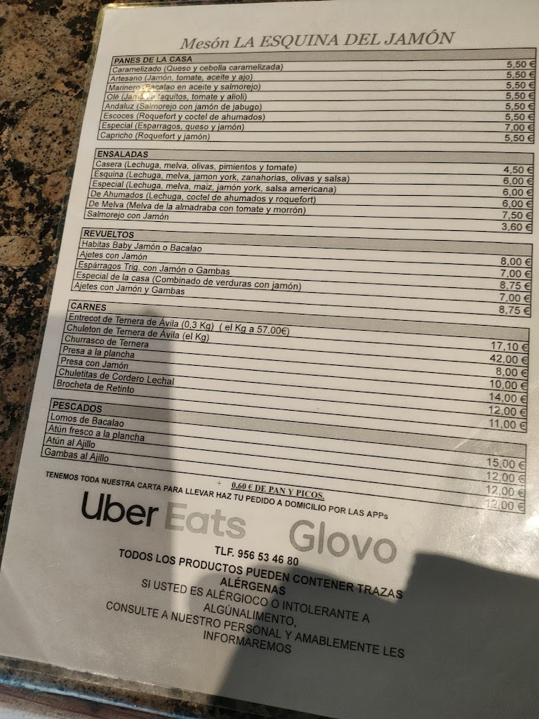Restaurante La Esquina del Jamon — Carta