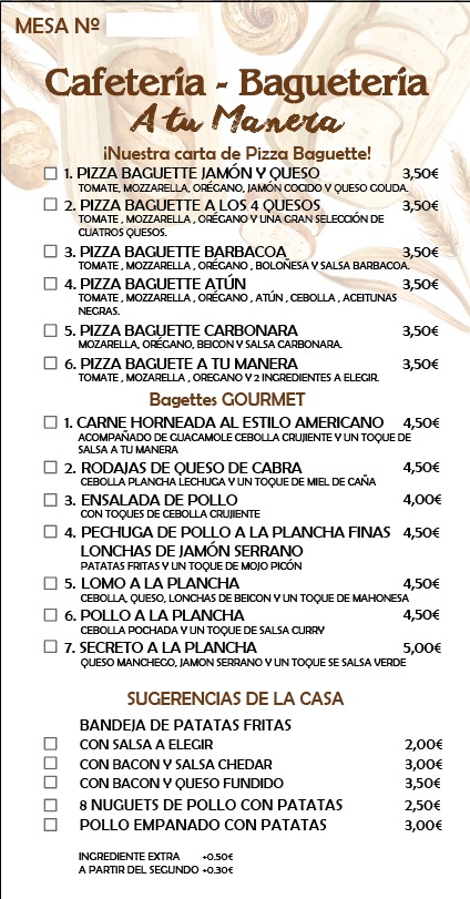 Cafeteria Bagueteria A Tu Manera — Carta
