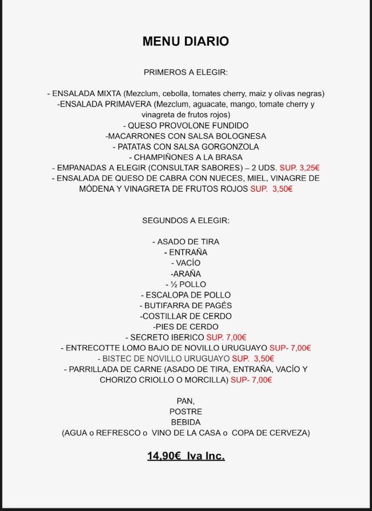 La Vaca Asada — Carta