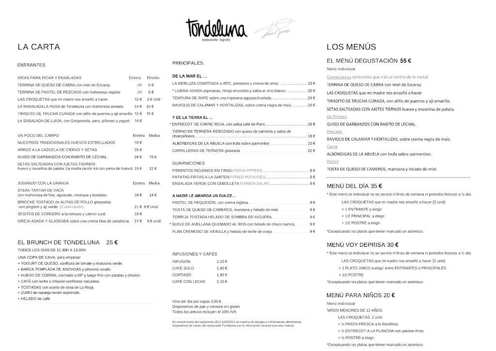 Restaurante Tondeluna — Carta