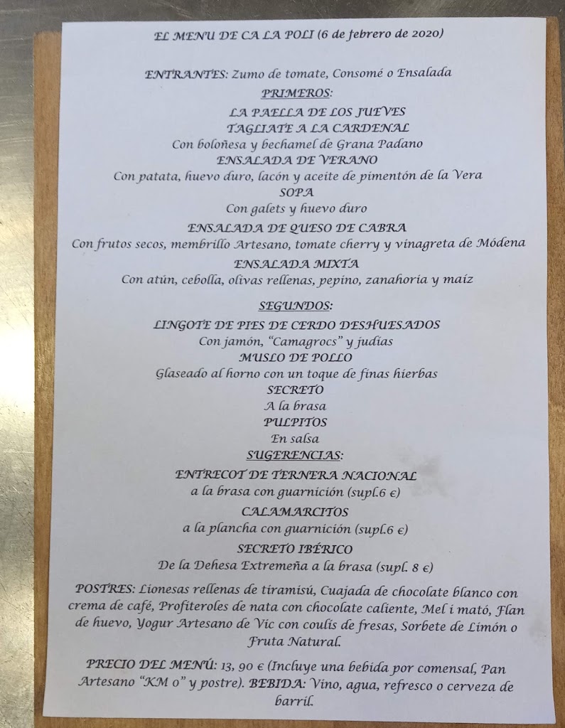 Restaurante Ca la Poli — Carta