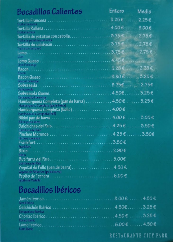 Restaurante City Park — Carta