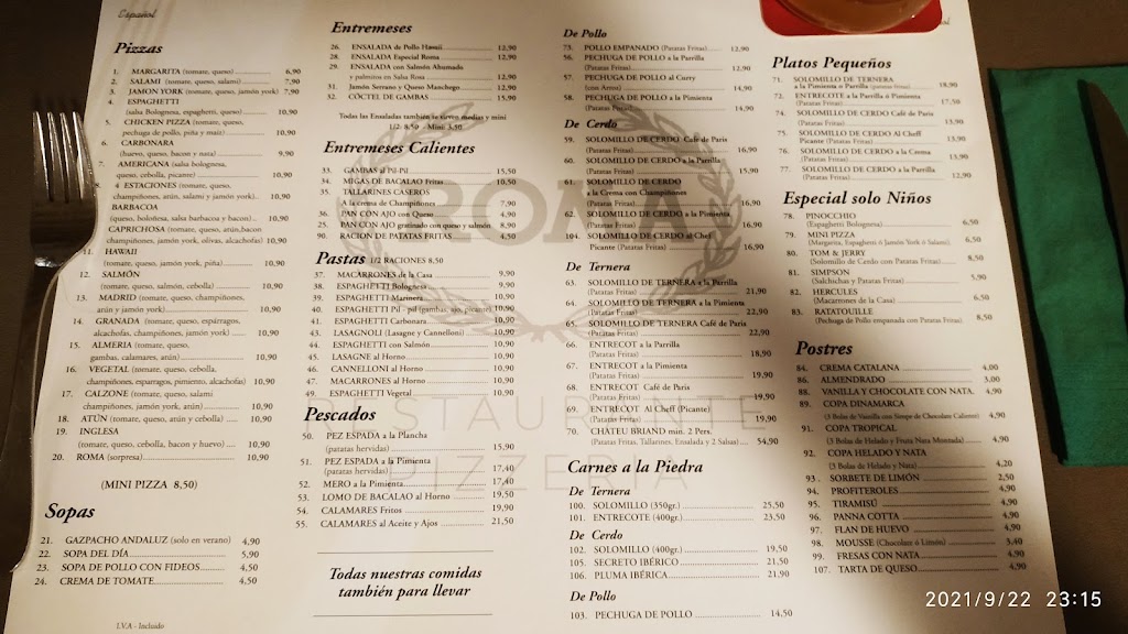 Restaurante Pizzeria Roma, Frente Hotel Best Sabinal — Carta