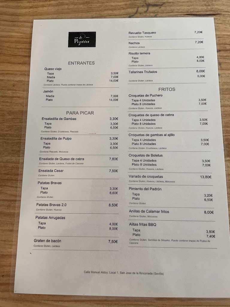 Restaurante La Pizarra — Carta