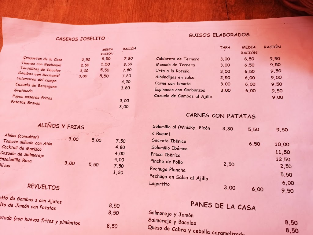 Bar Casa Joselito — Carta
