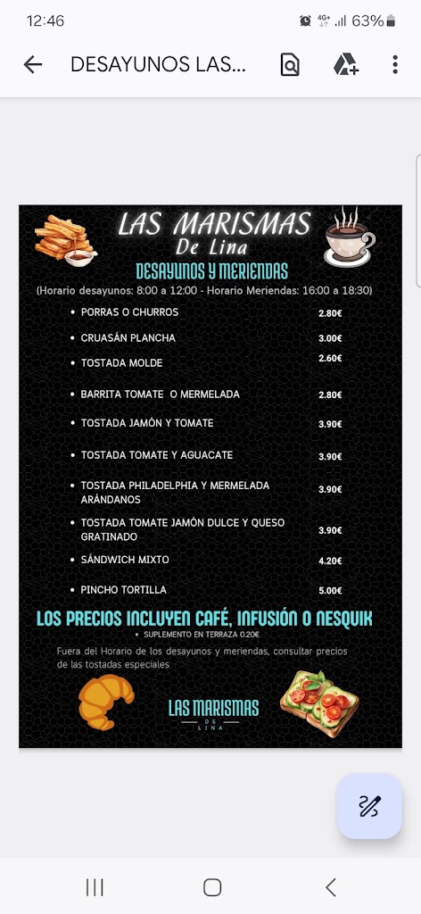 Bar Cafeteria Las Marismas de Lina — Carta