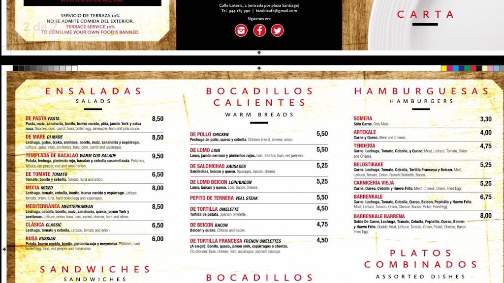 Cafeteria Bizubi — Carta